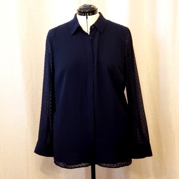 Talbots Blue Swiss Dot Blouse Sheer Long Sleeve Button Front | Size XL - Picture 2 of 11